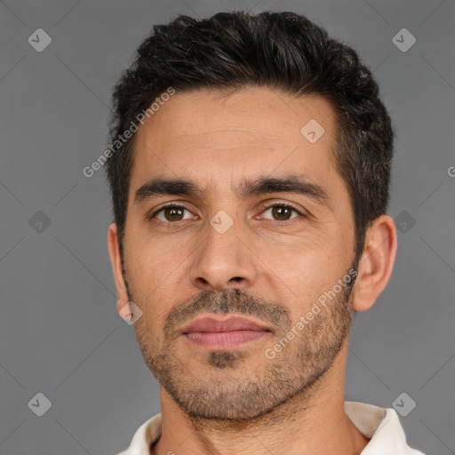 Neutral white adult male with short  brown hair and brown eyes