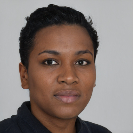 Neutral black young-adult female with short  brown hair and brown eyes