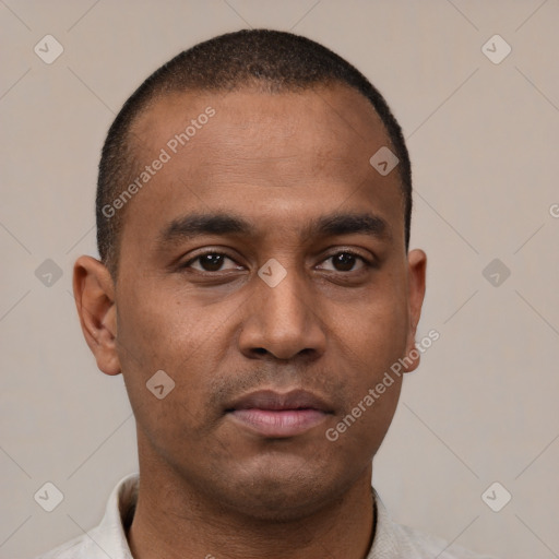 Neutral latino young-adult male with short  brown hair and brown eyes