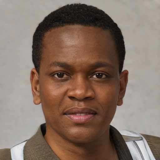 Joyful black young-adult male with short  brown hair and brown eyes