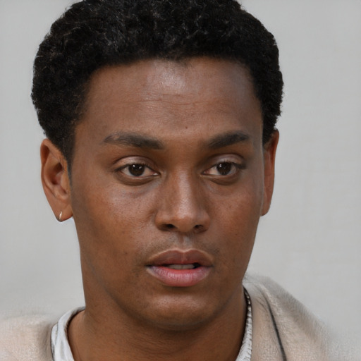 Neutral black young-adult male with short  black hair and brown eyes