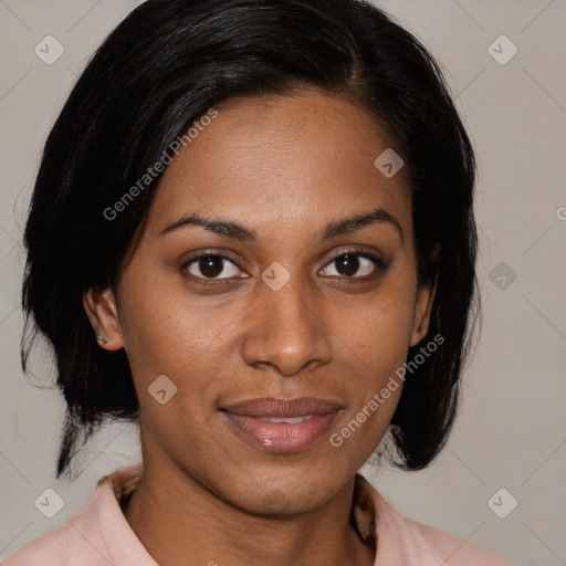 Joyful latino young-adult female with medium  brown hair and brown eyes