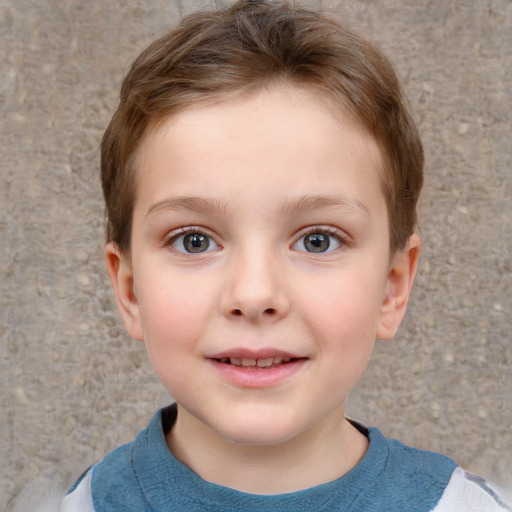 Joyful white child female with short  brown hair and grey eyes