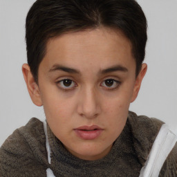 Neutral white young-adult female with short  brown hair and brown eyes