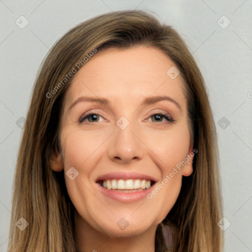 Joyful white young-adult female with long  brown hair and brown eyes