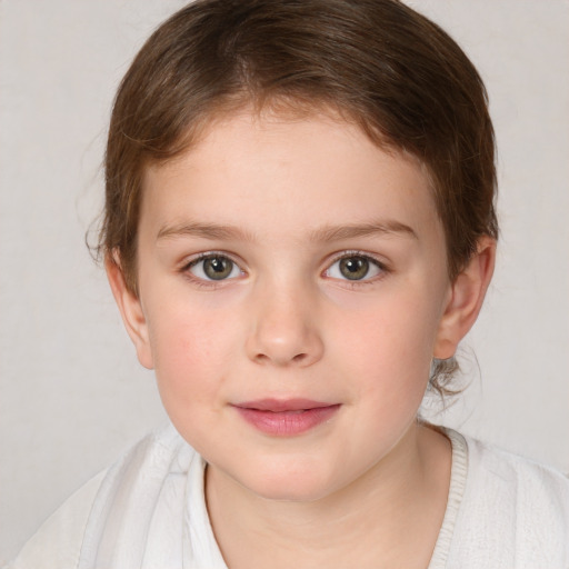 Joyful white child female with medium  brown hair and brown eyes