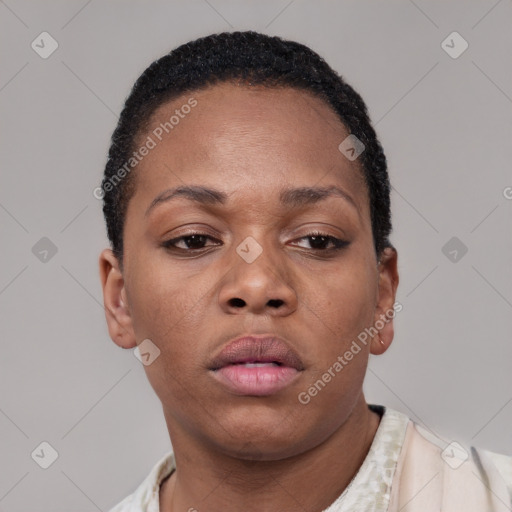 Neutral black young-adult female with short  brown hair and brown eyes