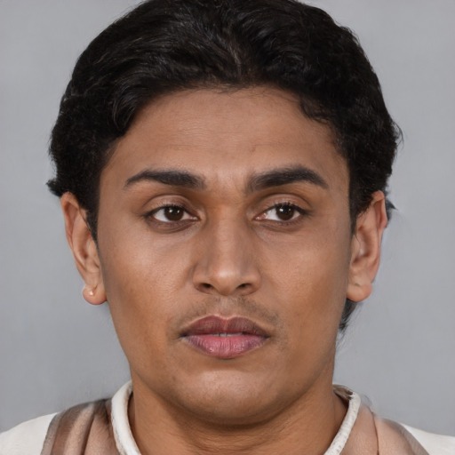 Joyful latino young-adult male with short  brown hair and brown eyes