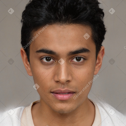 Neutral latino young-adult male with short  black hair and brown eyes