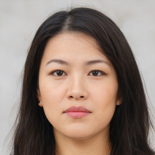 Neutral asian young-adult female with long  brown hair and brown eyes