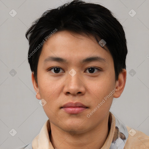 Neutral asian young-adult male with short  brown hair and brown eyes