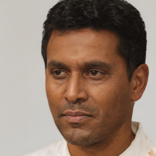 Neutral latino adult male with short  black hair and brown eyes