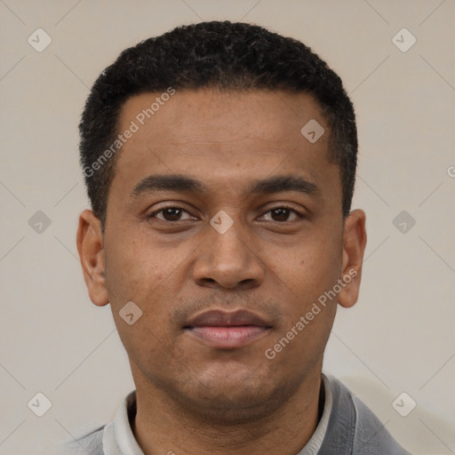 Neutral latino young-adult male with short  black hair and brown eyes