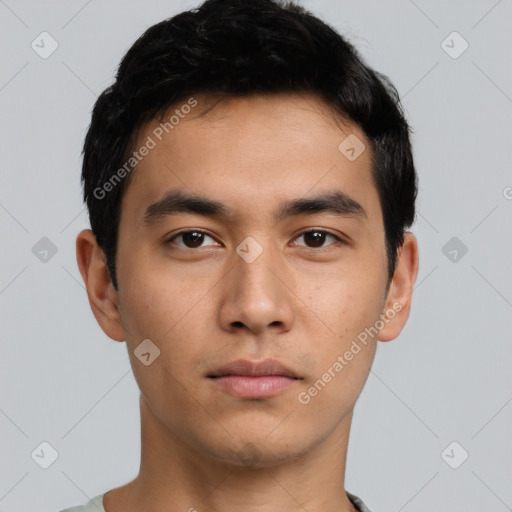 Neutral asian young-adult male with short  black hair and brown eyes