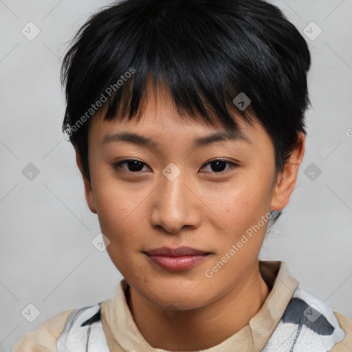 Neutral asian young-adult female with short  brown hair and brown eyes