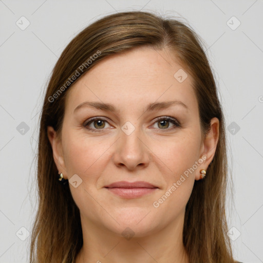 Joyful white young-adult female with long  brown hair and grey eyes