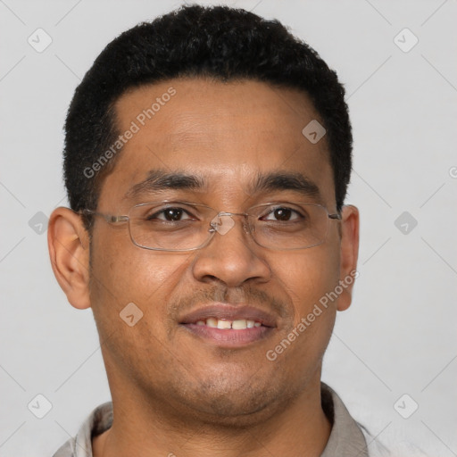 Neutral latino young-adult male with short  brown hair and brown eyes