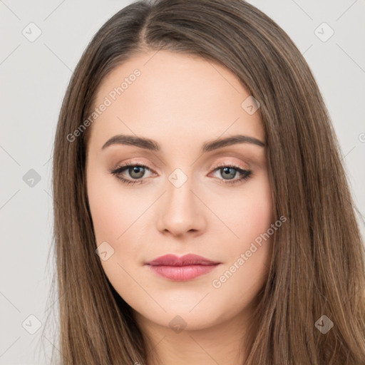 Neutral white young-adult female with long  brown hair and brown eyes