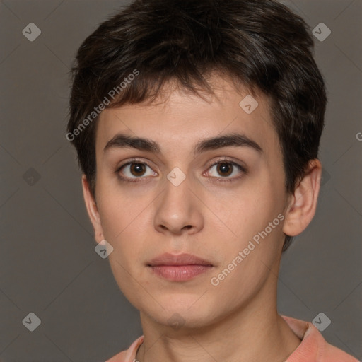 Neutral white young-adult male with short  brown hair and brown eyes