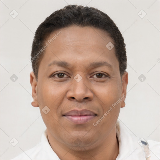 Joyful black adult male with short  brown hair and brown eyes