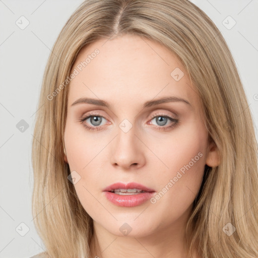 Neutral white young-adult female with long  brown hair and grey eyes