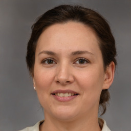 Joyful white adult female with medium  brown hair and brown eyes