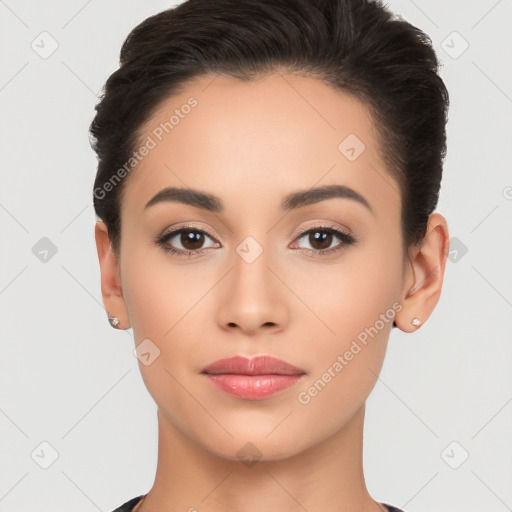 Neutral white young-adult female with short  brown hair and brown eyes