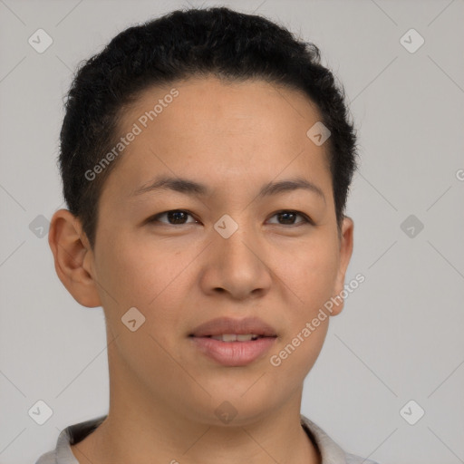 Joyful latino young-adult female with short  brown hair and brown eyes