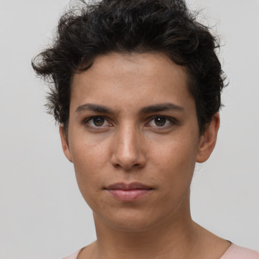 Neutral white young-adult female with short  brown hair and brown eyes