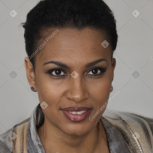 Joyful black young-adult female with short  brown hair and brown eyes