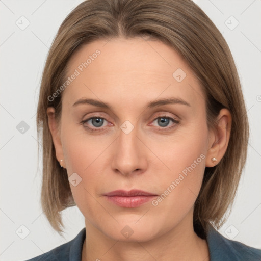 Neutral white young-adult female with medium  brown hair and grey eyes