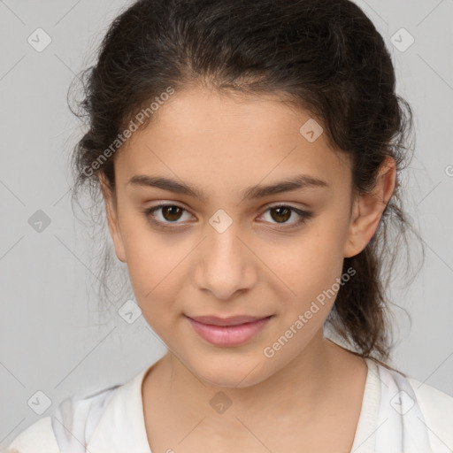 Joyful white child female with medium  brown hair and brown eyes