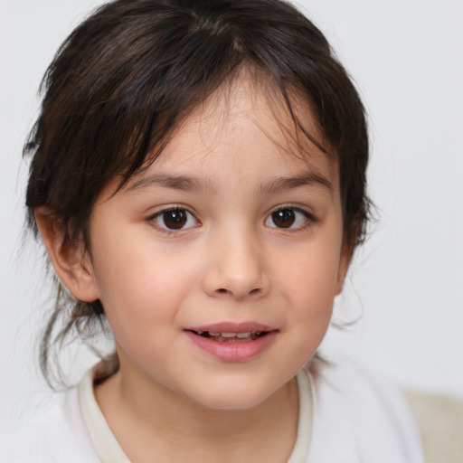 Joyful white child female with medium  brown hair and brown eyes