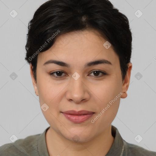 Joyful latino young-adult female with short  brown hair and brown eyes