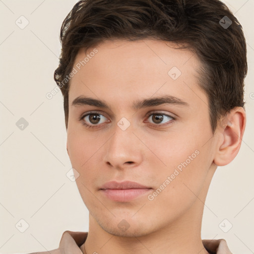 Neutral white young-adult male with short  brown hair and brown eyes