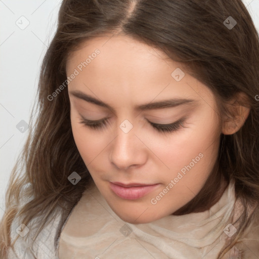 Neutral white young-adult female with medium  brown hair and brown eyes