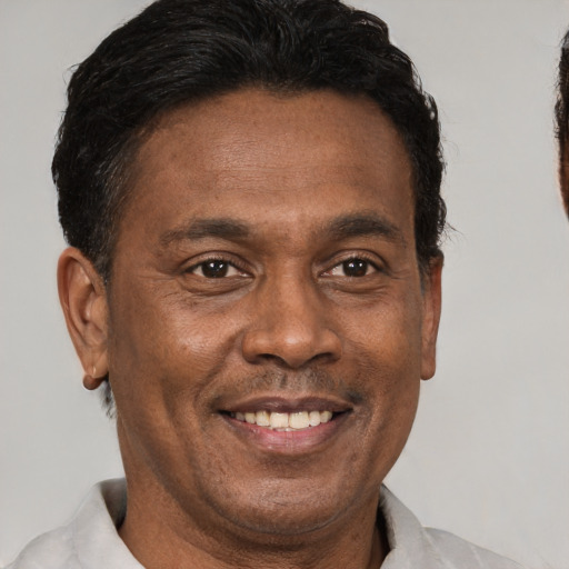 Joyful black adult male with short  brown hair and brown eyes