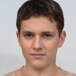 Neutral white young-adult male with short  brown hair and grey eyes