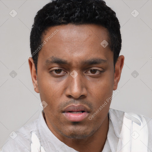 Neutral black young-adult male with short  black hair and brown eyes