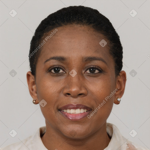 Joyful black young-adult female with short  black hair and brown eyes