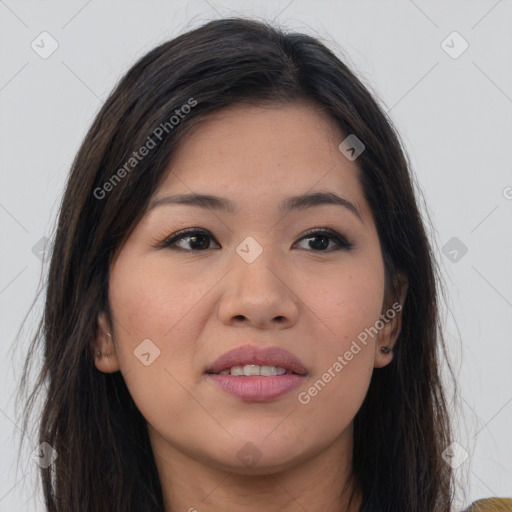 Joyful asian young-adult female with long  brown hair and brown eyes