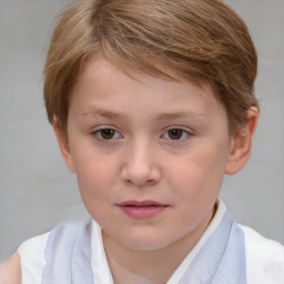 Joyful white child female with short  brown hair and brown eyes