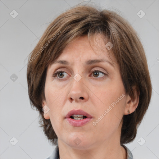 Neutral white adult female with medium  brown hair and brown eyes