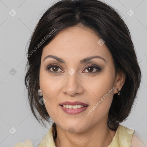 Joyful white young-adult female with medium  brown hair and brown eyes