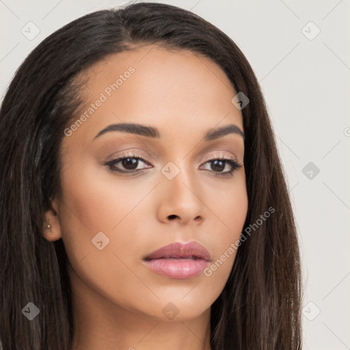 Neutral latino young-adult female with long  brown hair and brown eyes