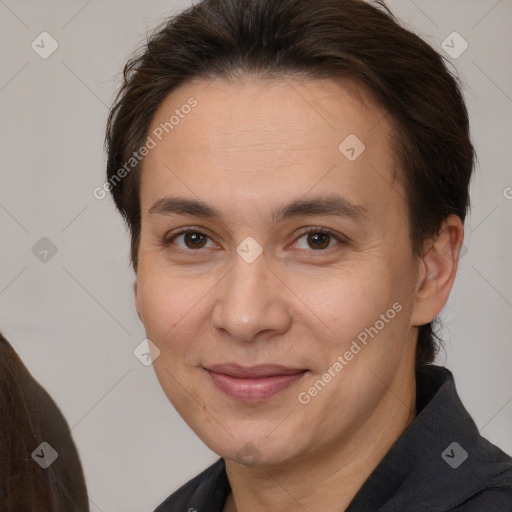 Joyful white adult female with short  brown hair and brown eyes