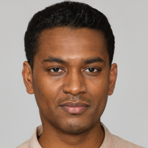 Neutral black young-adult male with short  black hair and brown eyes