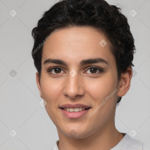 Joyful white young-adult female with short  brown hair and brown eyes