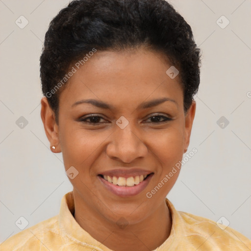 Joyful latino young-adult female with short  brown hair and brown eyes