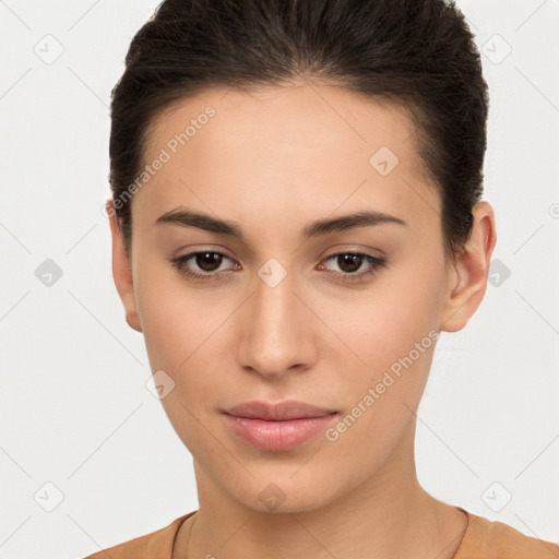 Neutral white young-adult female with short  brown hair and brown eyes